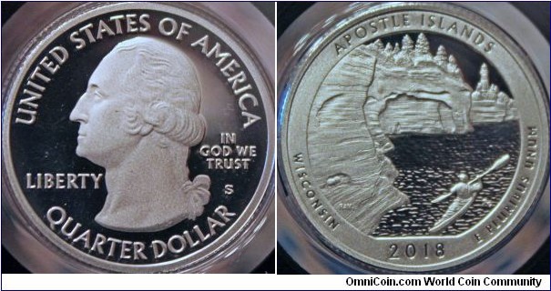 Apostle Islands National Lakeshore, WI, of the America the Beautiful quarters program. Includes 21 islands in Lake Superior.  Cu-Ni, 24.3 mm