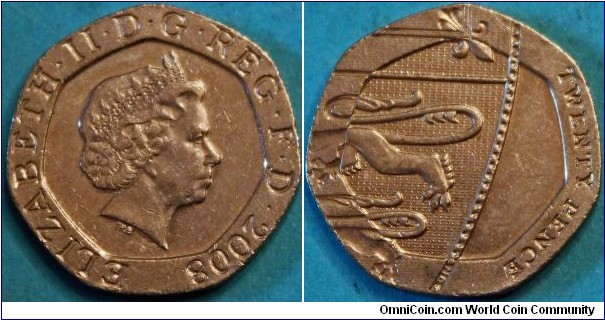 20 pence, with portion of the Royal Shield on reverse. Cu-Ni, 21.4 mm