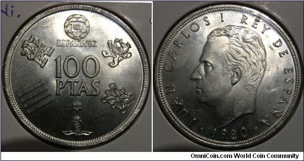 100 Pesetas (Kingdom of Spain / King Juan Carlos I / 1982 FIFA World Cup series // Copper-Nickel 75-25) 