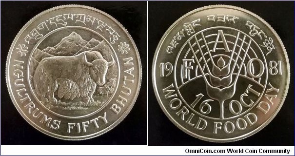 Bhutan 50 ngultrums. 1981, F.A.O. - World Food Day. Ag 925. Weight; 28,28g. Diameter; 38,61mm. Mintage: 15.000 pcs.
