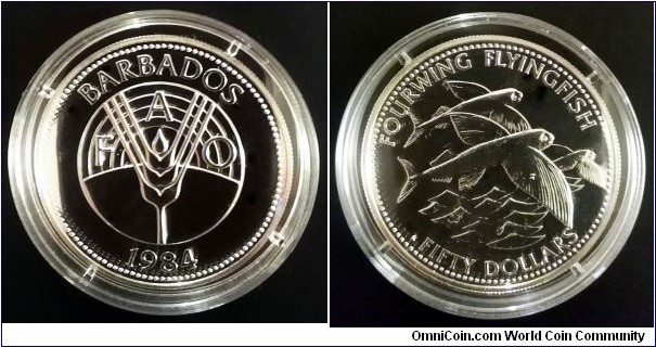 Barbados 50 dollars. 1984, F.A.O. Ag 500. Weight; 28,28g. Diameter; 40,09mm. Franklin Mint. Mintage: 3.600 pcs.