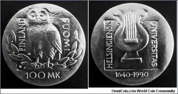 Finland 100 markkaa. 1990, 350th Anniversary - University of Helsinki. Ag 830. Weight; 24g. Diameter; 35mm. Mintage: 150.000 pcs.