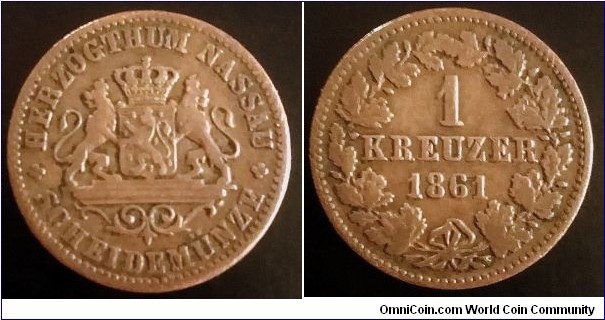 Duchy of Nassau 1 kreuzer. 1861, Adolphe Duke of Nassau.