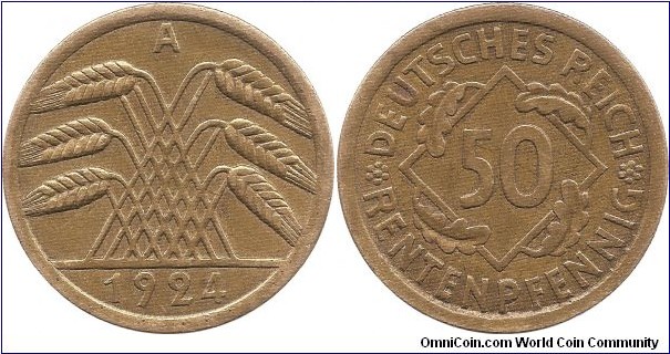 50 Rentenpfennig 1924 Berlin Mint