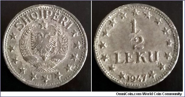 Albania 1/2 leku.
1947, Zinc.