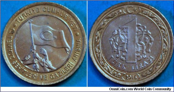 1 Lira, In memory of 15th July 2016 martyrs and veterans. Bimetallic: cu-ni center in brass ring, 26 mm