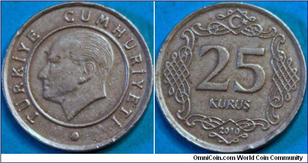 25 Kuruş, with Mustafa Kemal Atatürk. Nickel brass, 20.5 mm