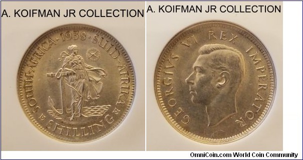 KM-28, 1938 South Africa (Dominion) shilling; silver, reeded edge; George VI, better than pictures, NGC graded MS 62.