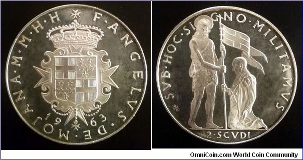 Order of Malta 2 scudi. 1963, Ag 986. Weight; 24g. Diameter; 39mm. Mintage: 600 pcs.