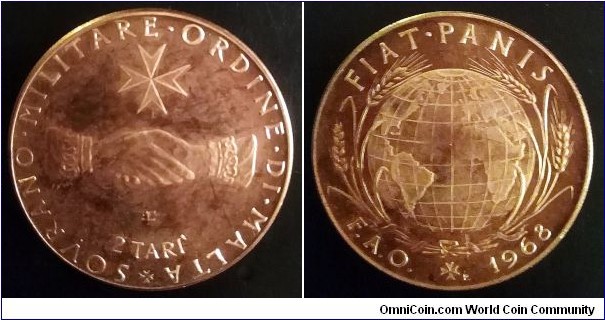 Order of Malta 2 tari. 1968, F.A.O. Bronze. Diameter; 33mm. Pattern (Prova) Mintage: 27.000 pcs.