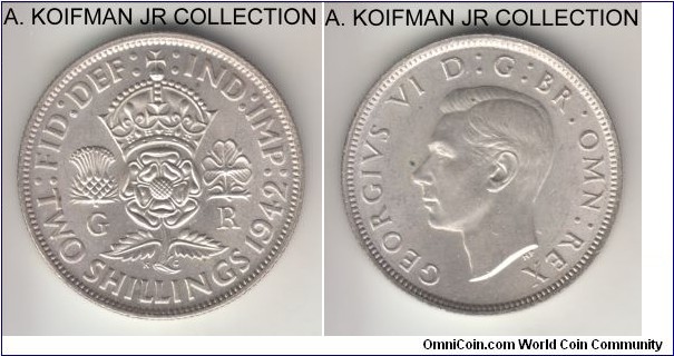 KM-855, 1942 Great Britain florin (2 shillings); silver, reeded edge; George VI, common war time strike, white average uncirculated.