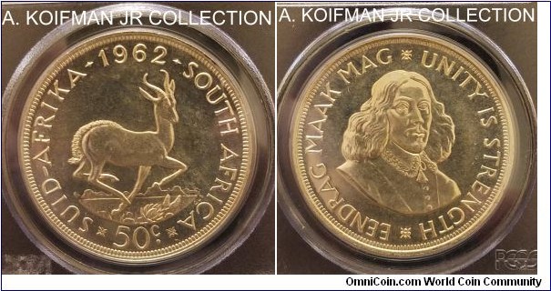KM-62, 1962 South Africa (Republic) 50 cents; prooflike, silver, reeded edge; special select specimen of the 4-year transitional type, mintage 6,024, nice PCGS graded PL67.