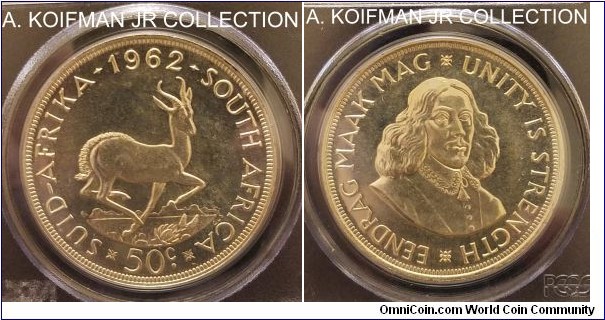 KM-62, 1962 South Africa (Republic) 50 cents; prooflike, silver, reeded edge; special select specimen of the 4-year transitional type, mintage 6,024, nice PCGS graded PL67.