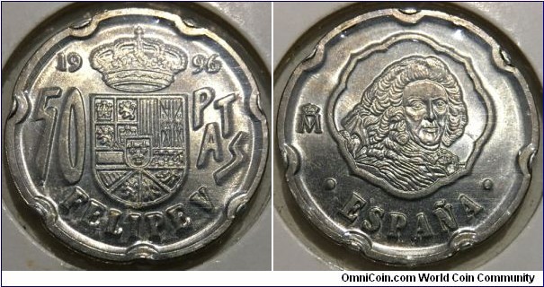 50 Pesetas (Kingdom of Spain / King Juan Carlos I / Commemorative issue - King Philip V of Spain 1683-1746  // Copper-Nickel) 