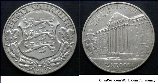 Estonia 2 krooni. 1932, Tercentenary - University of Tartu. Ag 500. Weight; 12g. Diameter; 29,75mm. Mintage: 100.000 pcs.