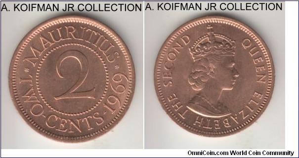KM-32, 1969 Mauritius 2 cents; bronze, plain edge; Elizabeth II, common but nice bright red uncirculated.