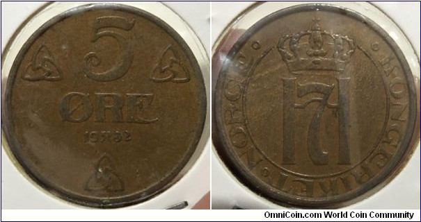 5 Ore (Kingdom of Norway / King Haakon VII // Bronze 8g / Mintage: 500.000 pcs) 
