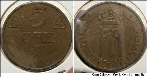 5 Ore (Kingdom of Norway / King Haakon VII // Bronze 8g / Mintage: 500.000 pcs) 