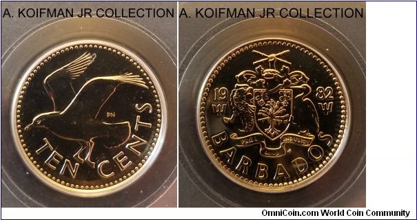 KM-12, 1982 Barbados 10 cents, Franklin mint (FM mintmark in monogram); copper-nickel, reeded edge; FM uncirculated finish, mintage 1,500, PCGS graded PL-68.
