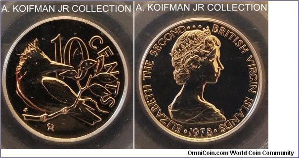 KM-3, 1978 British Virgin Islands 10 cents, Franklin mint (FM mint mark in monogram); copper-nickel, reeded edge; Elizabeth II, kingfisher, brilliant uncirculated finish, mintage 1,443 in sets, PCGS graded PL66.