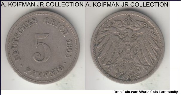 KM-11, 1905 Germany (Empire) 5 pfennig, Berlin mint (A mint mark); copper-nickel, plain edge; Wilhelm II, common mint, good fine or better.