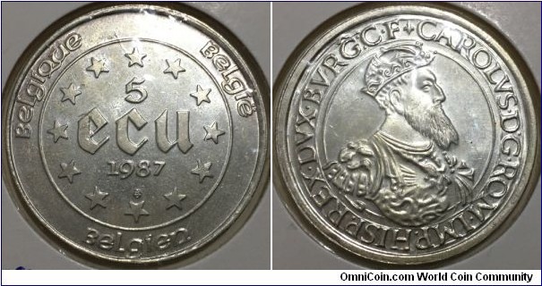 5 Ecu (Kingdom of Belgium / King Baudouin I / 30th Anniversary - Treaties of Rome // SILVER 0.833 / 22.85g / ⌀37mm / Mintage: 985.000 pcs)