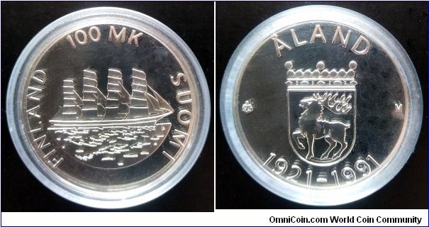 Finland 100 markkaa. 1991, 70th Anniversary of Autonomy of Aland. Ag 925. Weight; 24g. Diameter; 34mm. Mintage: 100.000 pcs.