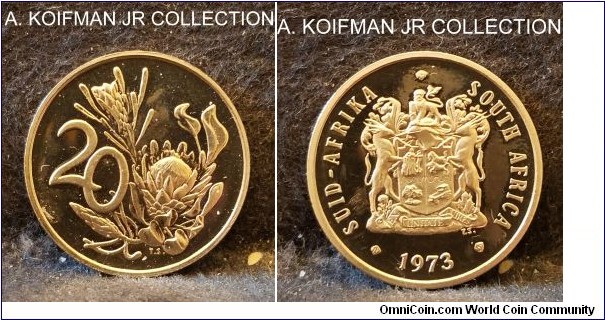 KM-86, 1973 South Africa (Republic) 20 cents; proof, nickel, plain edge; mintage 11,000 in annual proof sets, deep cameo.