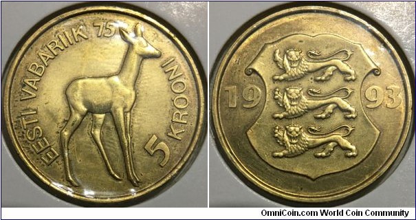 5 Krooni (Republic of Estonia / 75th Anniversary of Declaration of Independence // Nordic Gold) 