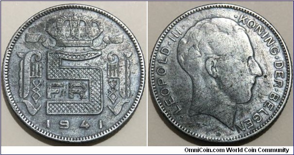 5 Francs (Kingdom of Belgium / King Leopold III // Zinc 6g) 