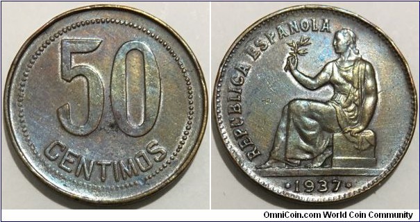 50 Centimos (2nd Spanish Republic // Brass 5.9g)