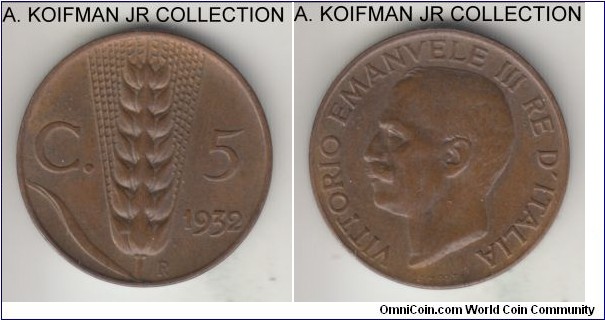 KM-59, 1932 Italy 5 centesimi, Rome mint (R mint mark); bronze, plin edge; Vittorio Emmanuele II, light brown good extra fine.