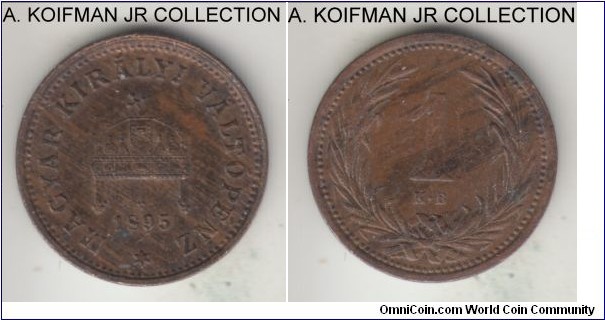 KM-480, 1895 Hungary (Austro-Hungarian Empire) filler, Kremnitz mint (KB mint mark); bronze, plain edge; Franz Joseph I, common year, brown good extra fine details, some staining.