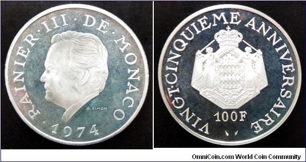 Monaco 100 francs. 1974, Rainier III - 25th Anniversary of Reign. Ag 999. Weight; 37,10g. Diameter; 40mm. Mintage: 25.000 pcs.