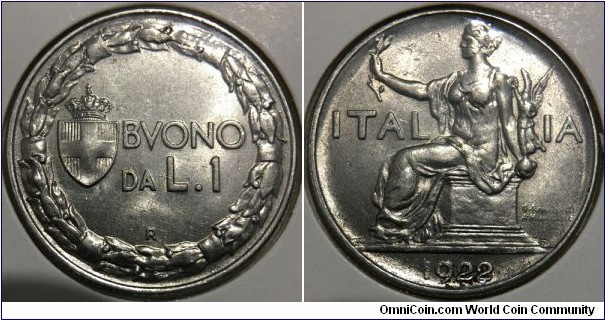 1 Lira (Kingdom of Italy / King Vittorio Emanuele III // Nickel 8g) 