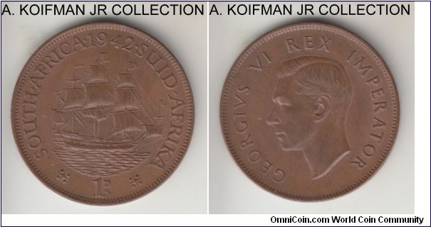 KM-25, 1942 South Africa (Dominion) penny; bronze, plain edge; George VI, diamond far from 2 variety, light brown good extra fine.