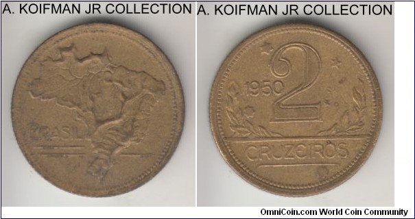 KM-559, 1950 Brazil 10 2 cruzeiro; aluminum-bronze, reeded edge; Brazil map design, extra fine or so.