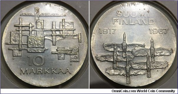 10 Markkaa (Republic of Finland / 50th Anniversary of Independence // SILVER 0.900 / 24g / ⌀35mm / Mintage: 1.000.000 pcs) 