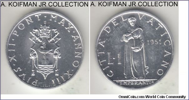 KM-49.1, 1951 Vatican lira; aluminum, plain edge; XIII year of Pius XII, common but bright uncirculated.