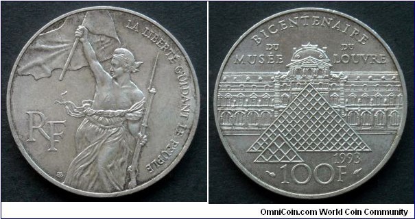 France 100 francs. 1993, 200th Anniversary of the Louvre Museum - Liberté de Delacroix. Ag 900. Weight; 15g. Diameter; 31mm.