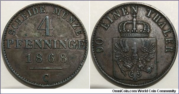 4 Pfenninge (Kingdom of Prussia / King Wilhelm I // Copper 6.09g)