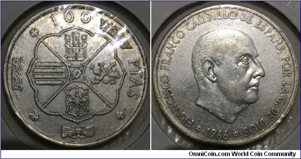 100 Pesetas (Francoist Spanish State / Francisco Franco Caudillo de Espana // SILVER 0.800 / 19g / ⌀34mm / Issue of 1968) 