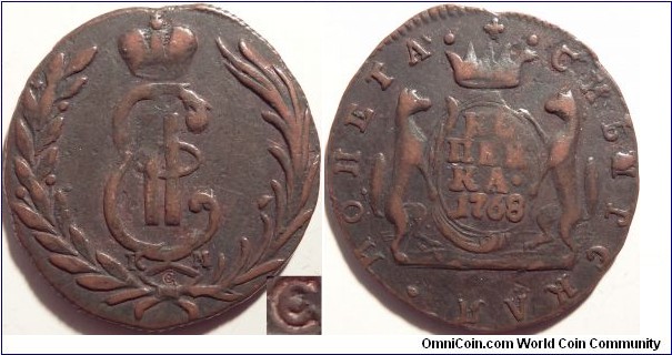 AE 1 kopeck 1768 KM, Siberian Regional coinage. Coin has Hutten-Czapski counter mark on the Obverse.