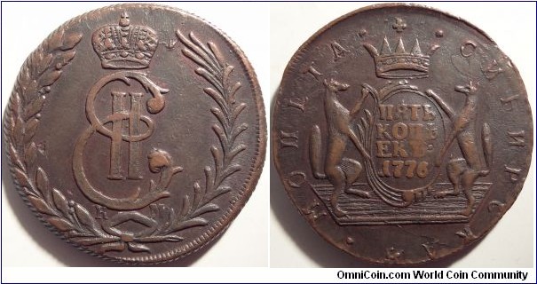 AE 5 kopeck 1776 KM, Siberian Regional coinage.