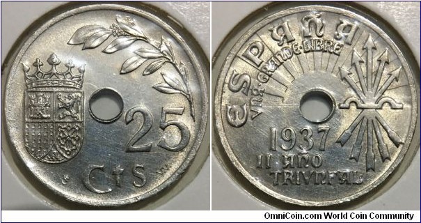25 Centimos (Spanish Civil War - 2nd Spanish Republic /  issued by way of decree April 5 of 1938, by the Government in Burgos / Francisco Franco and the Nationalist forces controlled the majority of Spain by this point in time // Copper-Nickel)
