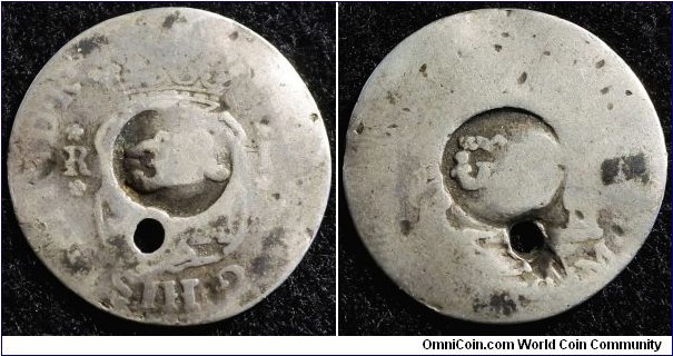 Jamaica 1758 countermark over Peru (?) 1 real. Seem to be uncommon. Weight: 2.67g 