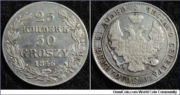 Russia-Poland 1846 25 kopek - 50 groszy. Mintage: 561,263. Weight: 5.12g