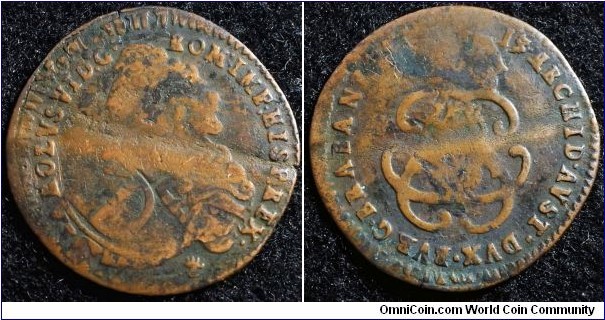 Spanish Netherlands Brabant 1713 (?) 1 liard overstruck over older 1 oord. Bent. Weight: 2.63g