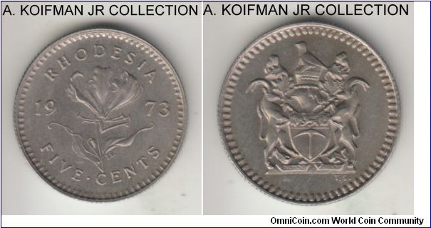 KM-12, 1973 Rhodesia 5 cents; copper-nickel, reeded edge; Republical coinage, 1-year type, uncirculated, lightly toned reverse.
