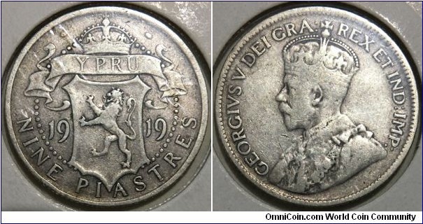 9 Piastres (British Cyprus - British Empire Military Administration / King George V // SILVER 0.925 / 5.655g / ⌀23.7mm / Mintage: 400.000 pcs)